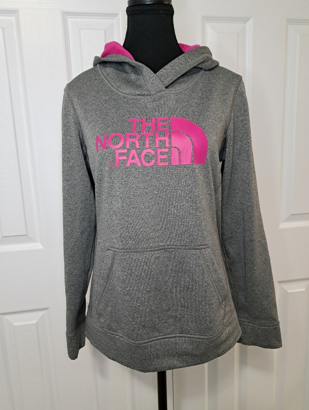The North Face Gray Hoodie Pull Over Pink Logo Womens Size Small Casual Athletic